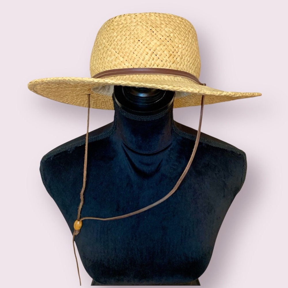 Scala Raffia Straw Woven Sun Hat With Leather Chin Strap Tan Size Medium